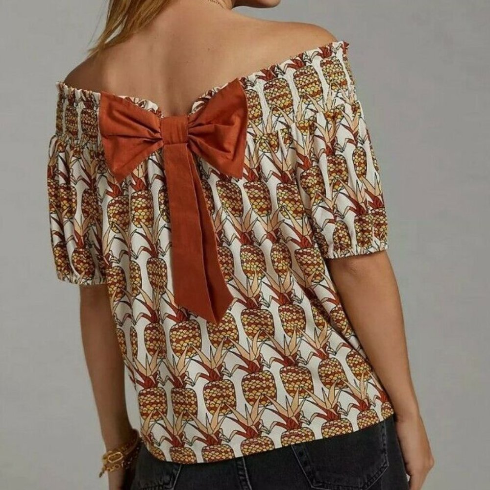 NWT Anthropologie Porridge Off Shoulder Bow Back Pineapple Shirt Top XL
